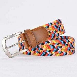 Multicolor Rainbow Woven Unisex Belt with Brown Leather Detail, size 36-38 or L